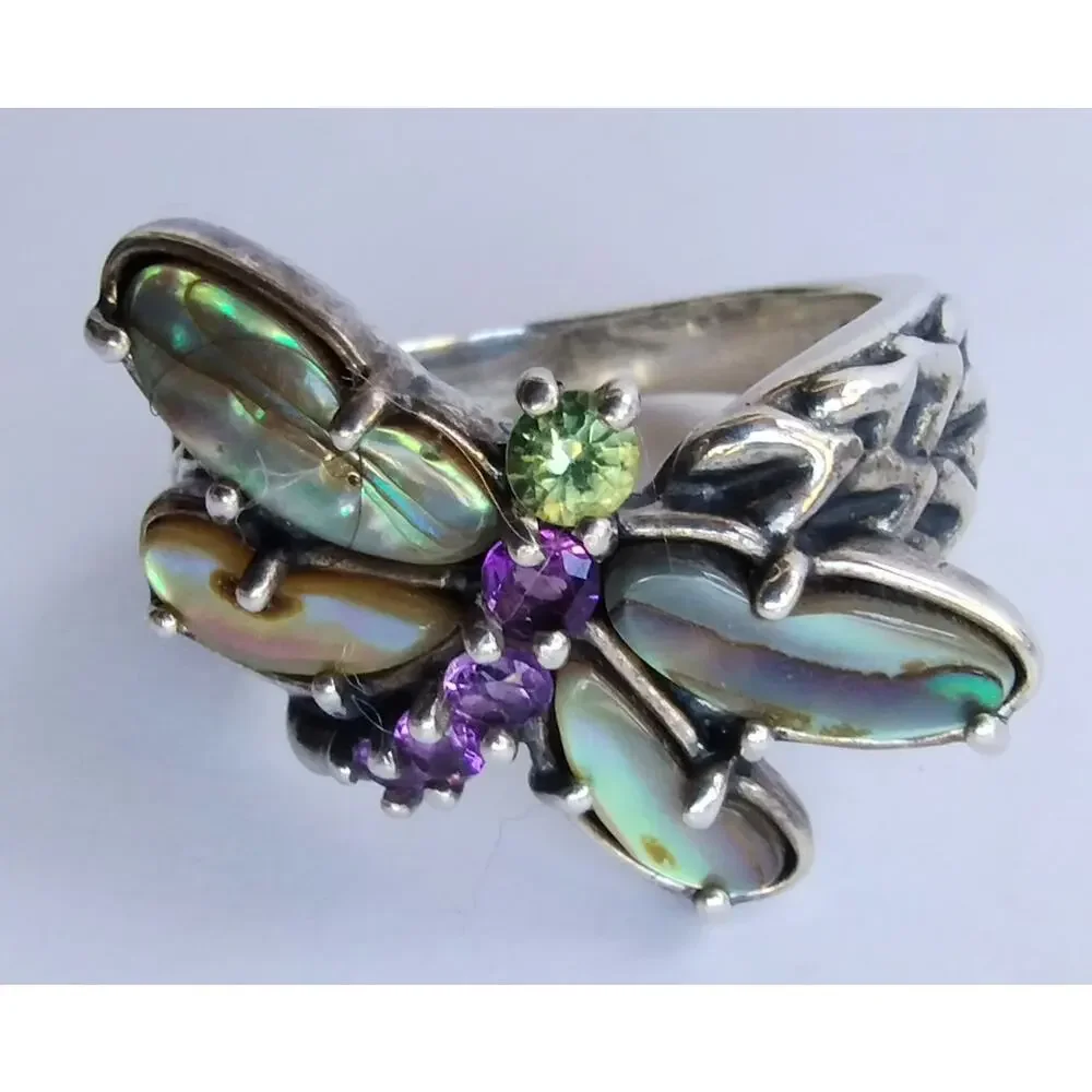 Carolyn Pollack NEW Sterling Silver Abalone Amethyst & Peridot Dragonfly Ring 8